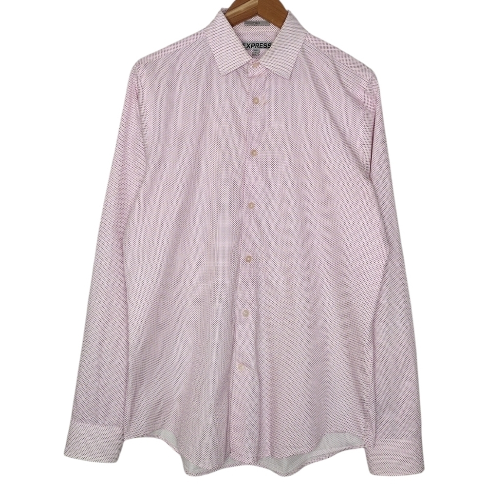 Express Fitted Dots Pink White Casual Button Down Shirt Sz M